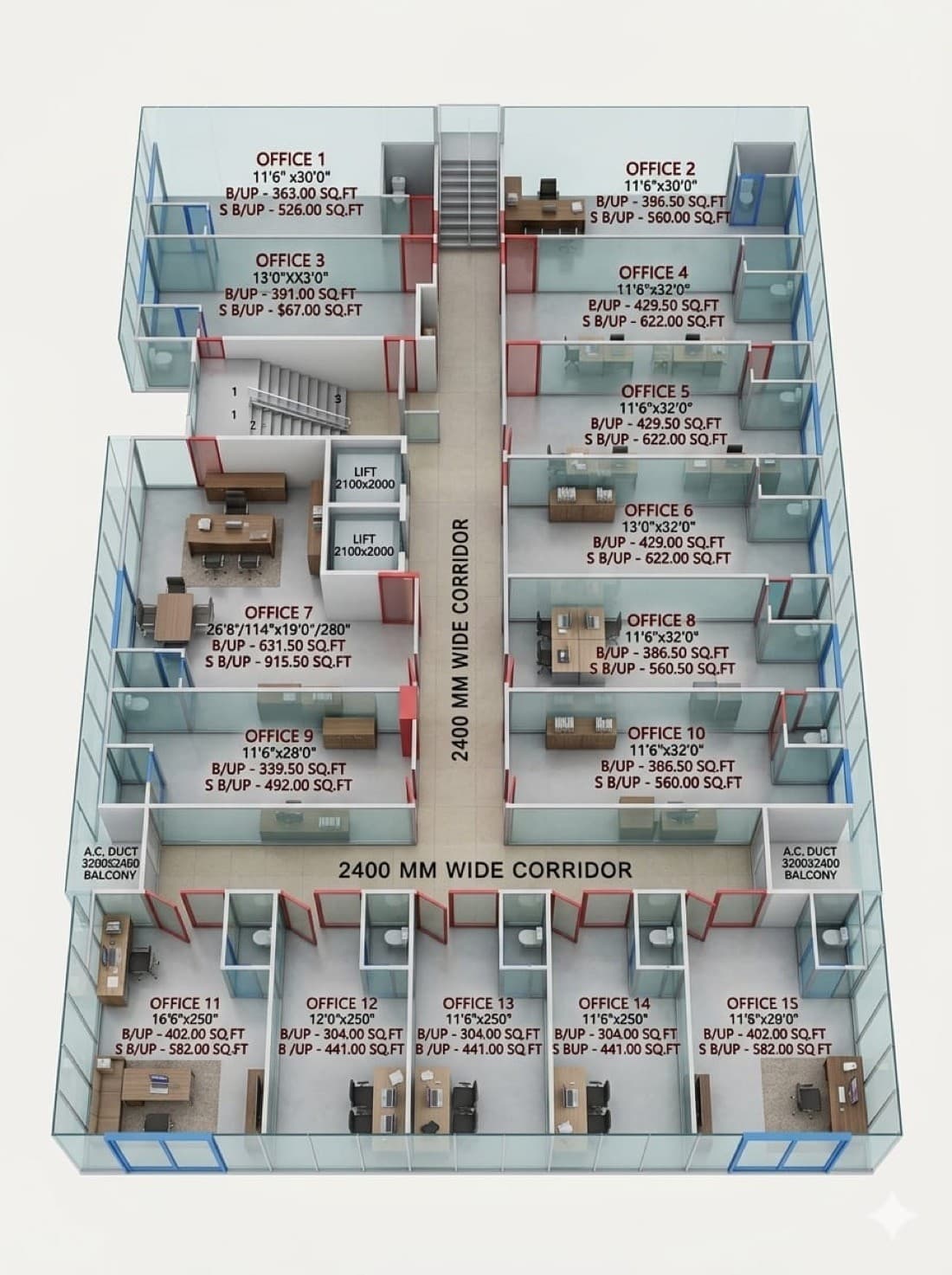 Urban Shivashish typical office floor plan showing unit sizes, lifts and corridors