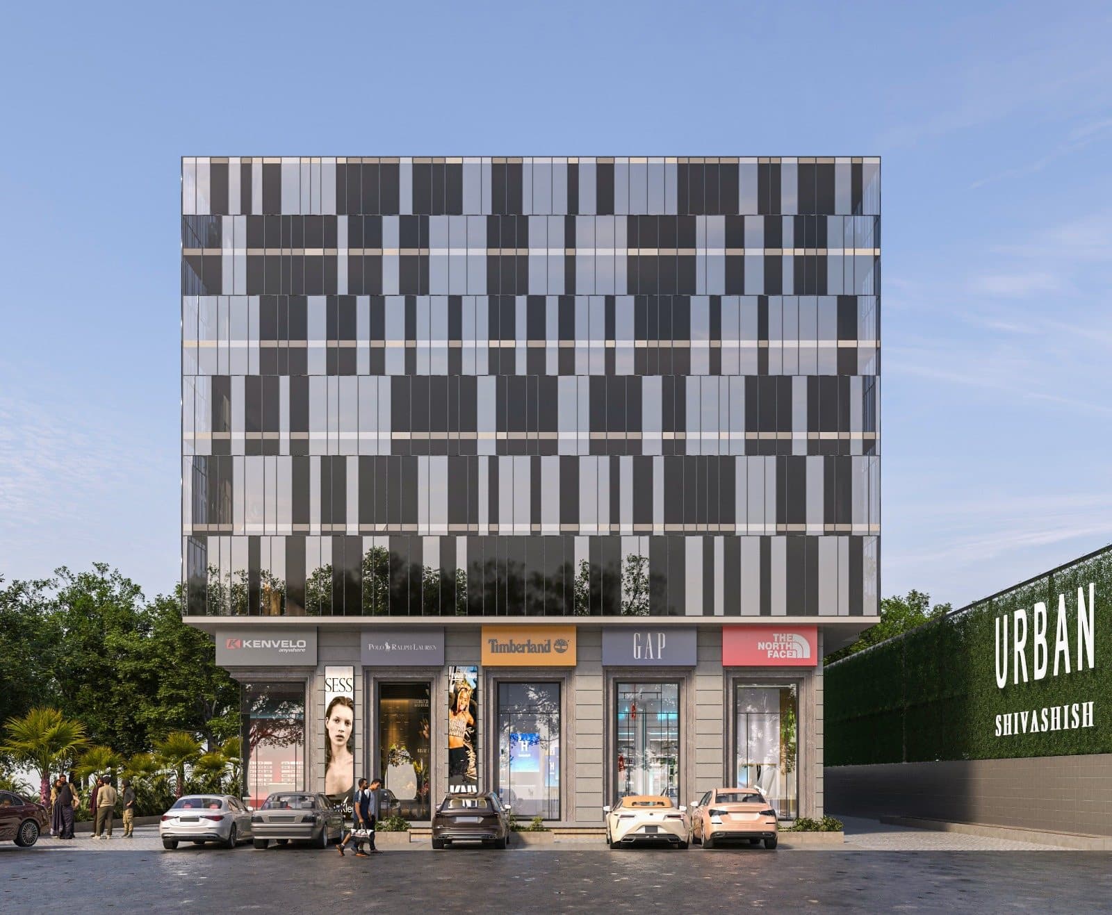 Urban Shivashish front elevation showing the retail frontage and glass facade