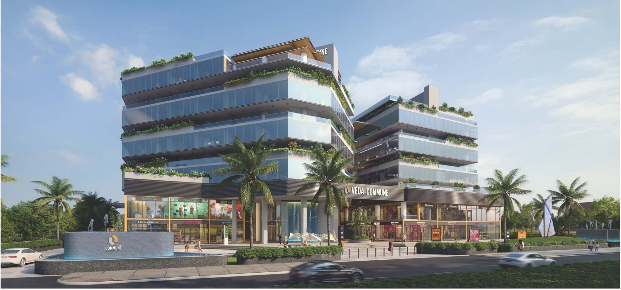 Veda Commune street-level elevation showing the retail podium and office floors above