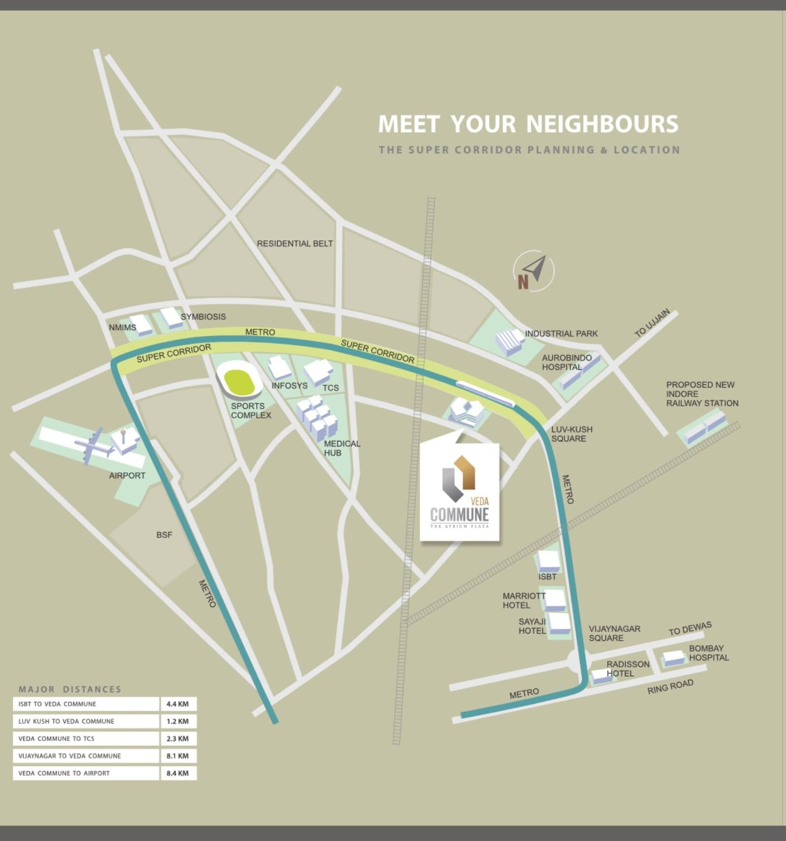 Veda Commune location on the Super Corridor, showing the metro line, Infosys, TCS, the airport and Vijay Nagar